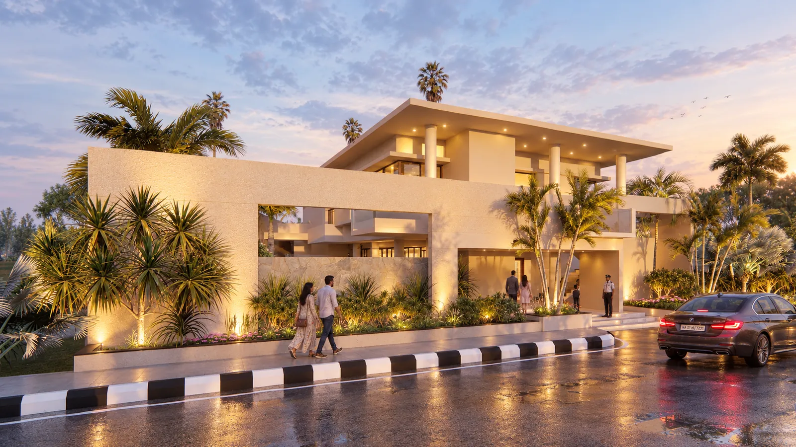Artist's impression of the Sunrise City clubhouse entrance at dusk