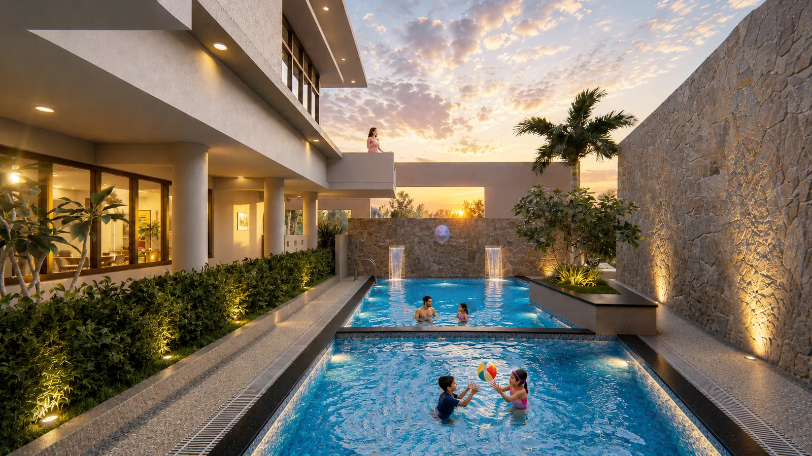 Artist's impression of the Sunrise City clubhouse swimming pool courtyard