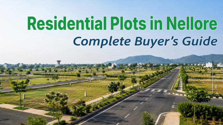Planned residential layout in Nellore with wide roads, landscaped plots and the title “Residential Plots in Nellore: Complete Buyer’s Guide.”